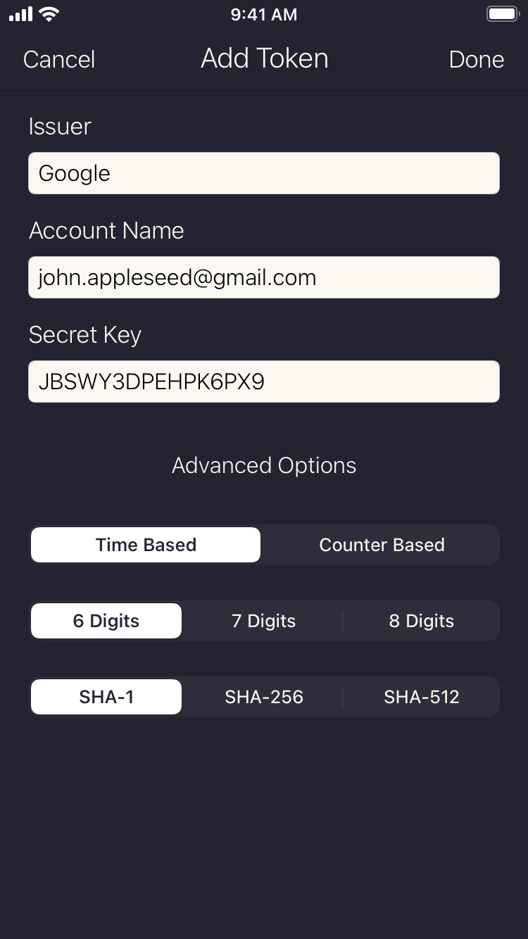 Screenshot of the Authenticator token entry form